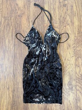 Black Velvet Burnout Halter Mini Dress with Metallic Accents Size 6